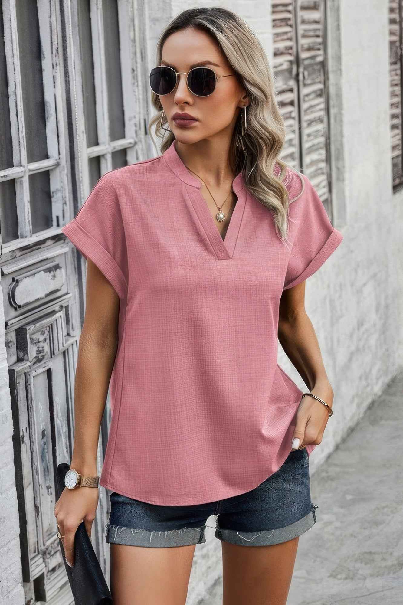 V Neck Solid Short Bat Sleeve Loose Fit Blouse
