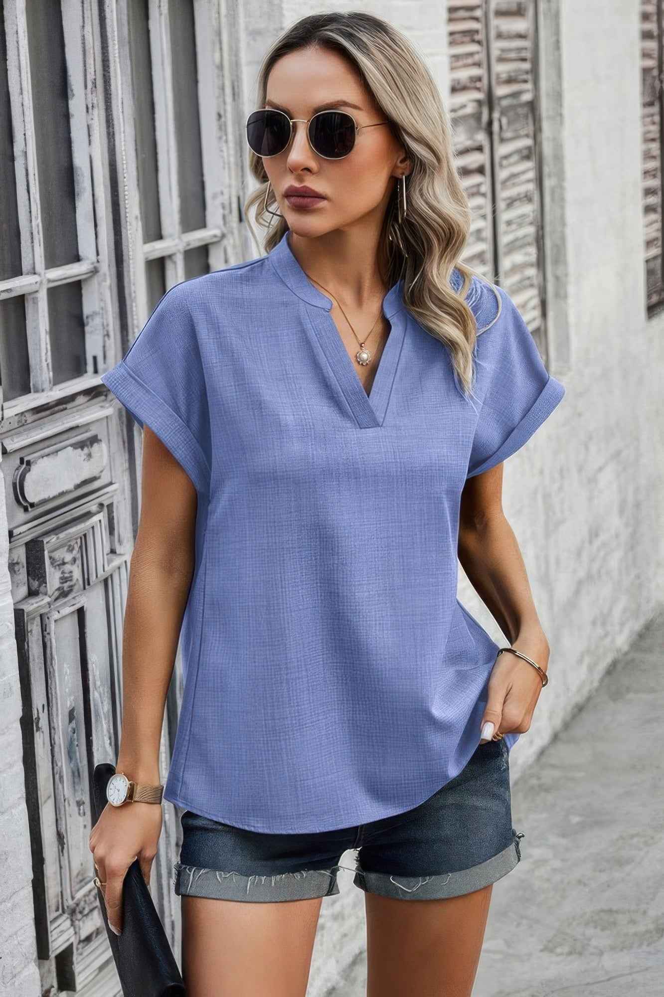 V Neck Solid Short Bat Sleeve Loose Fit Blouse