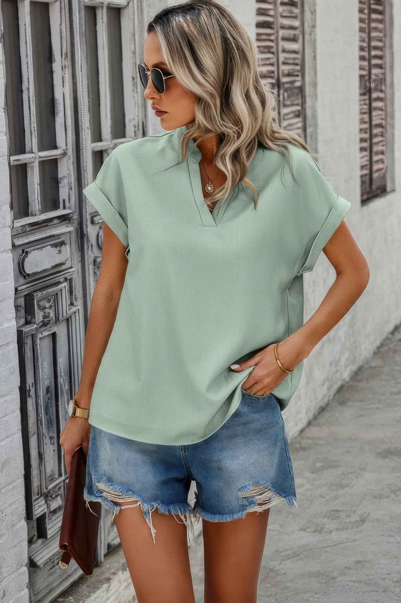 V Neck Solid Short Bat Sleeve Loose Fit Blouse