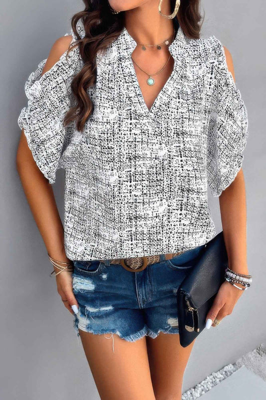 Printed Mandarine Collar Cold Shoulder Loose Top
