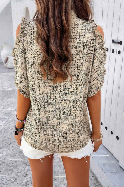 Printed Mandarine Collar Cold Shoulder Loose Top