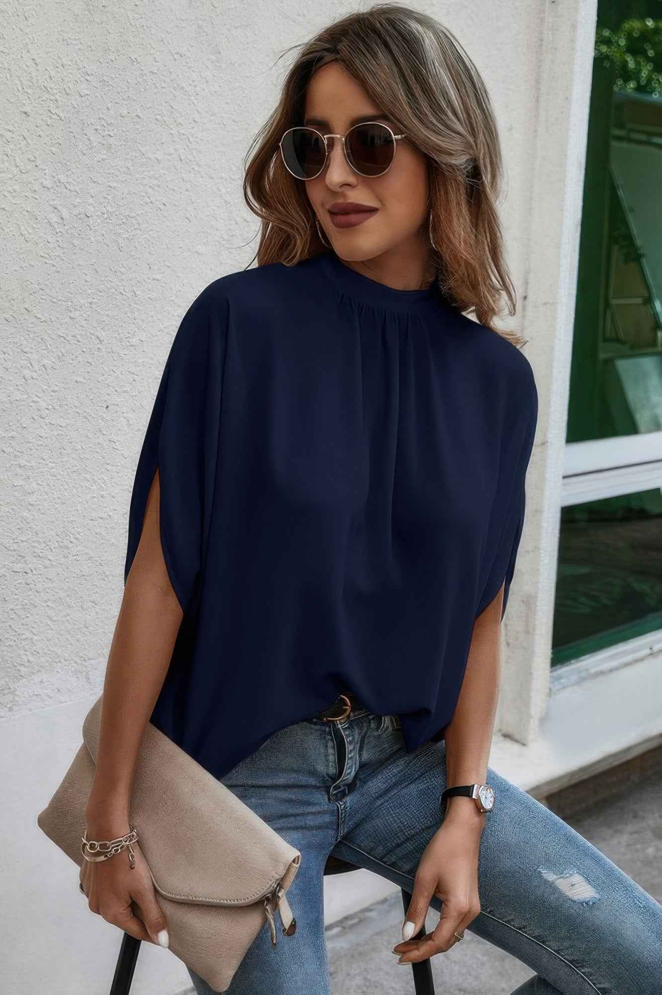 Mock Neck Batwing Sleeve Solid Loose Blouse