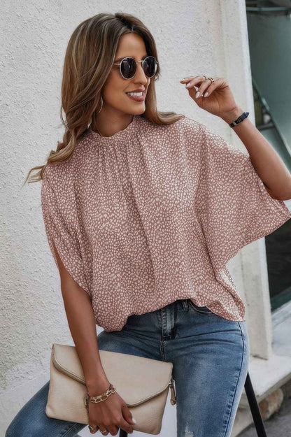 Mock Neck Batwing Sleeve Solid Loose Blouse
