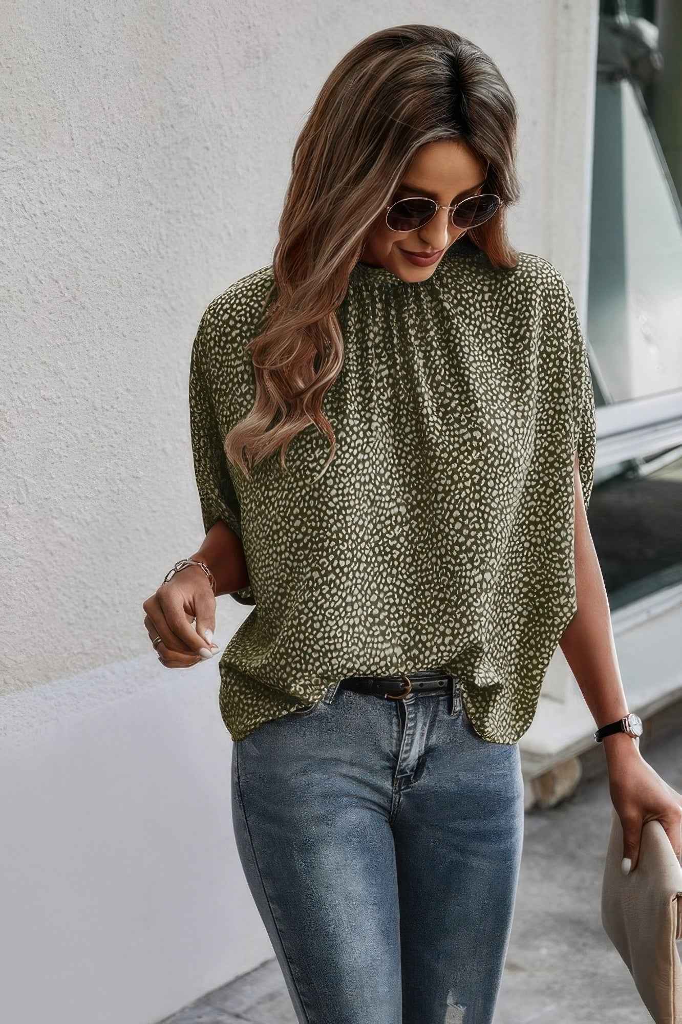 Mock Neck Batwing Sleeve Solid Loose Blouse