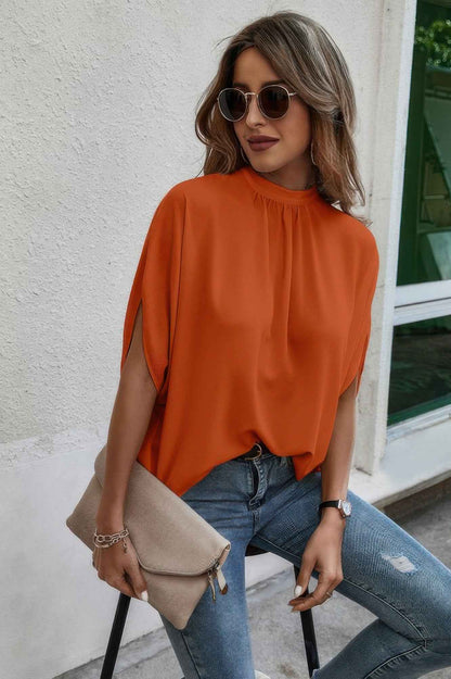 Mock Neck Batwing Sleeve Solid Loose Blouse