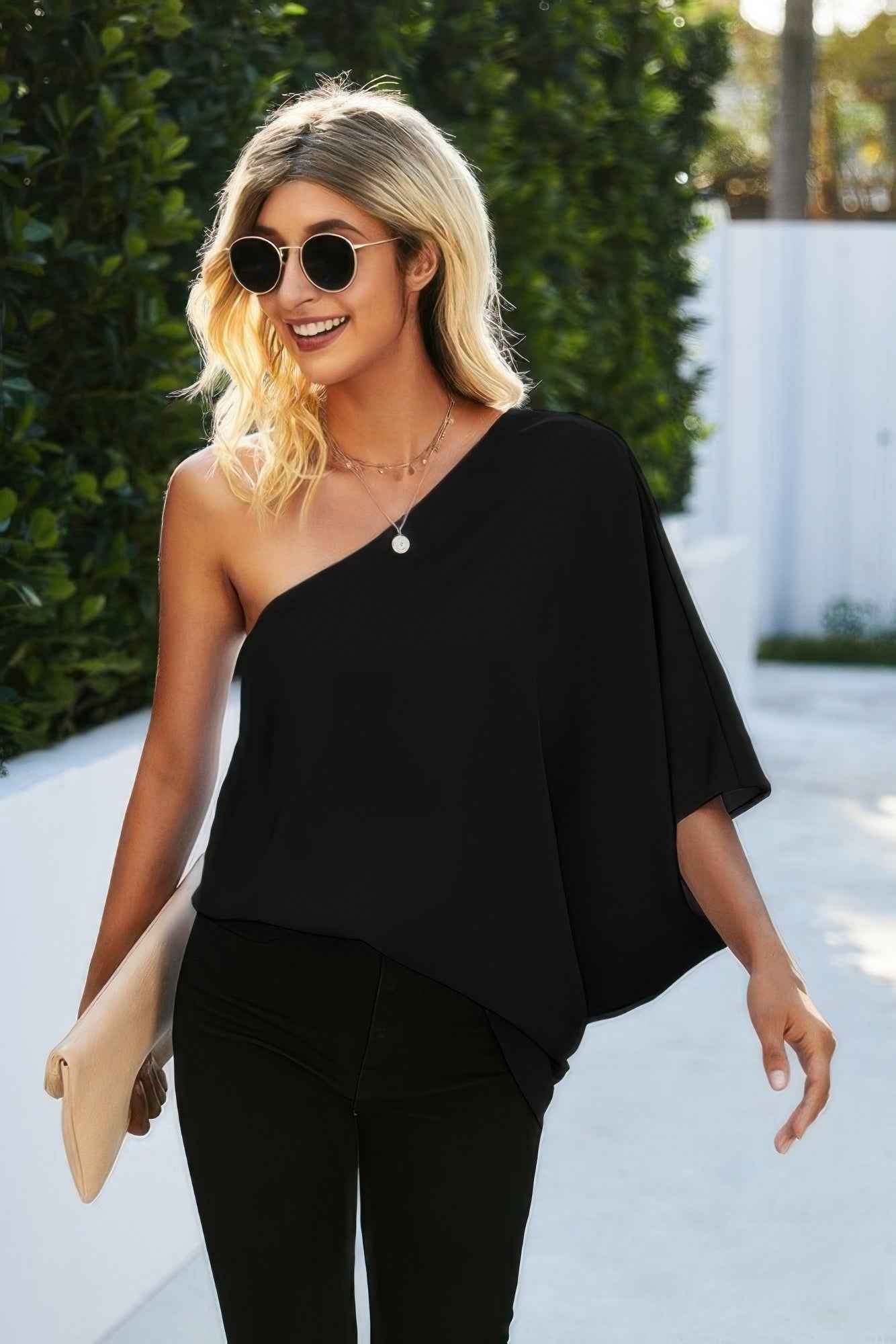Solid Asymmetrical Collar Dolman Tunic Top