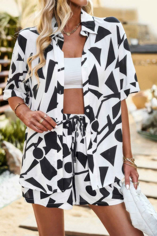 Two Piece Printed Button Down Elastic Waist Sets