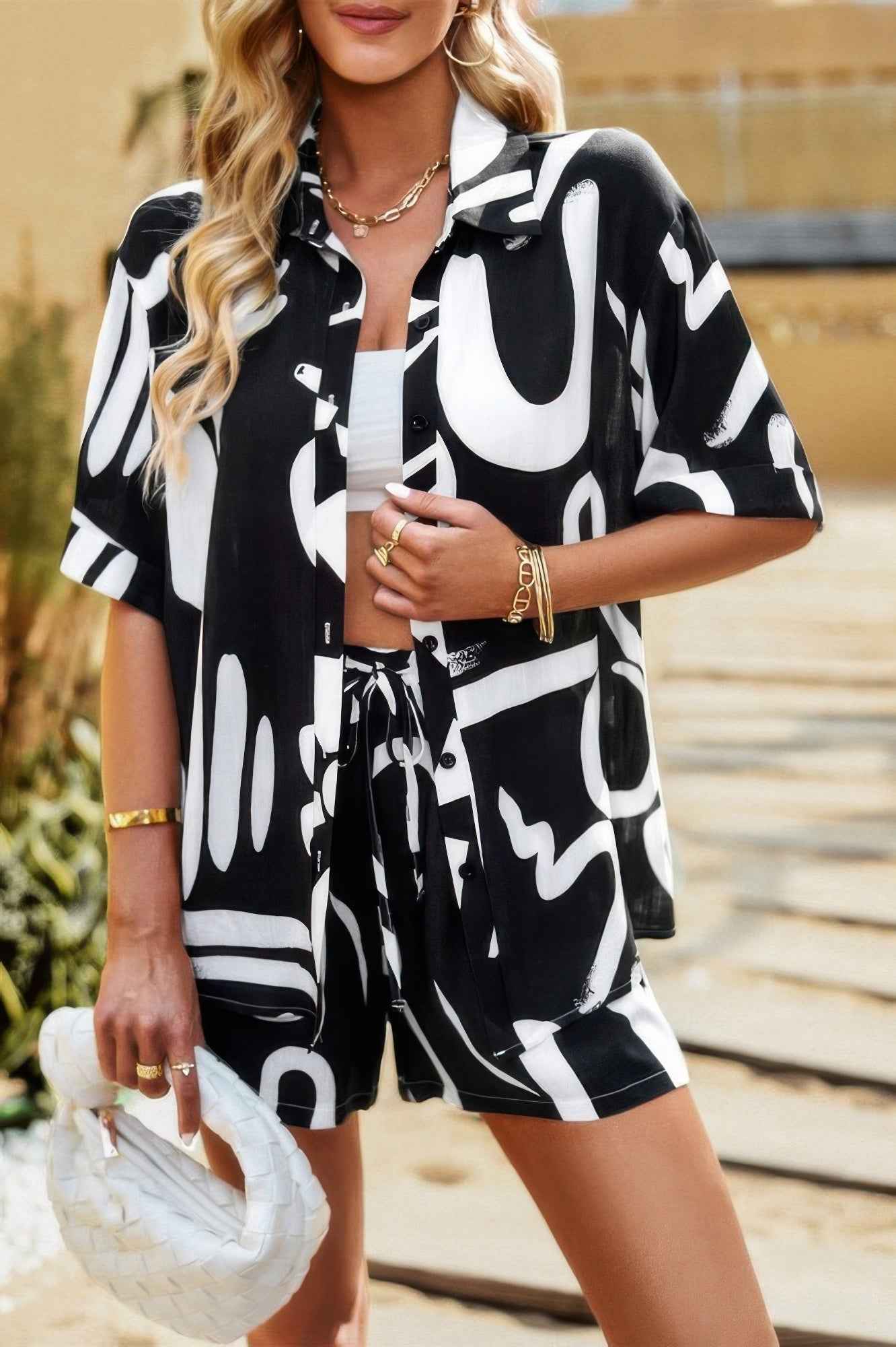 Two Piece Printed Button Down Elastic Waist Sets