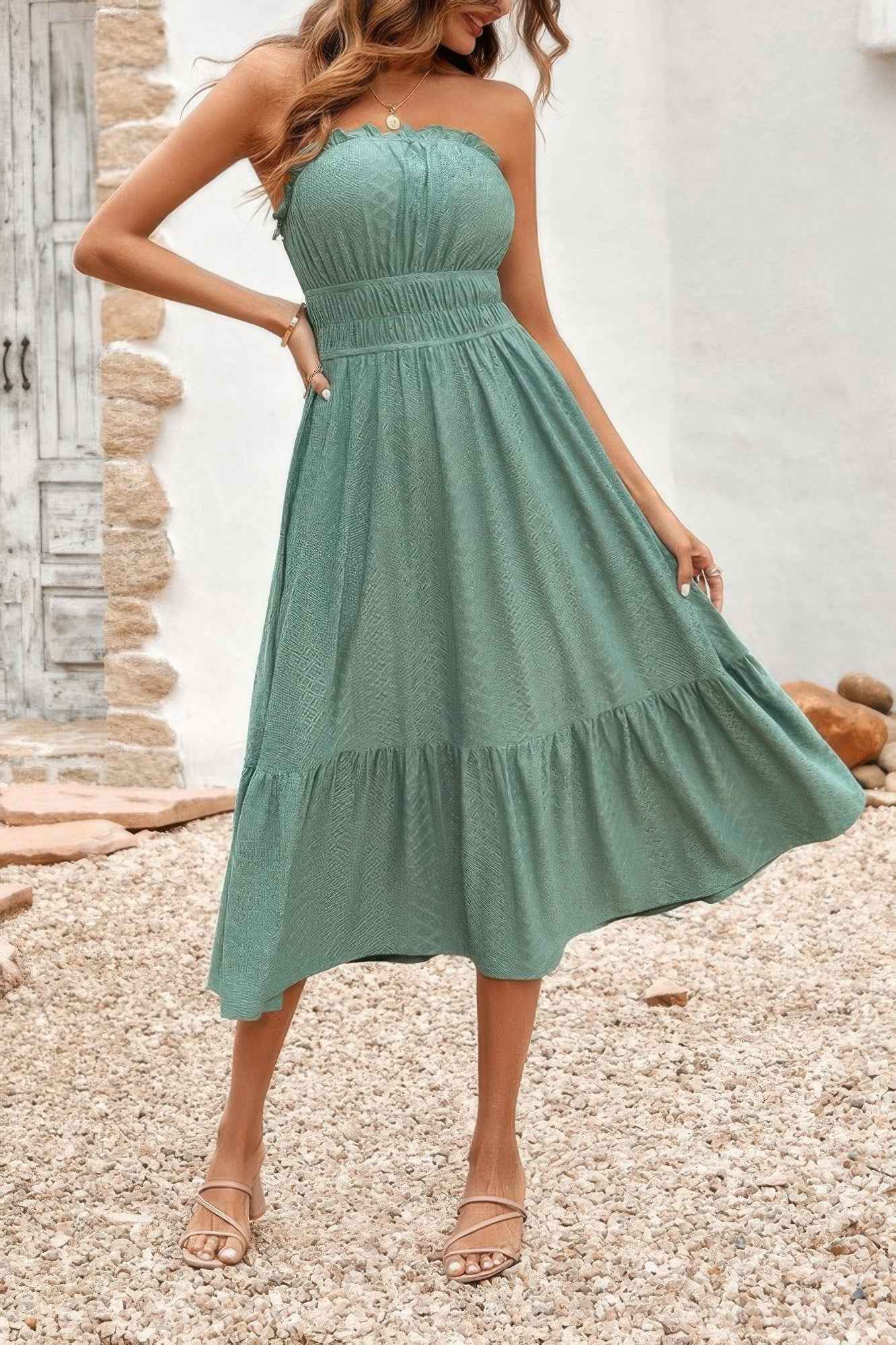 Off Shoulder Lace Trim Strapless Tube A Line Dress