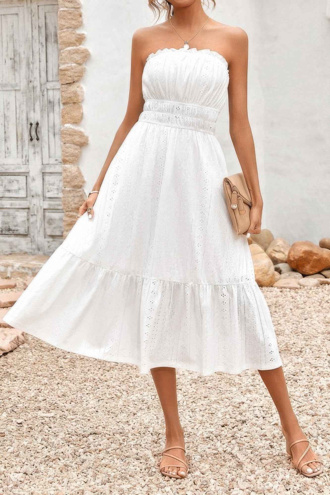 Off Shoulder Lace Trim Strapless Tube A Line Dress
