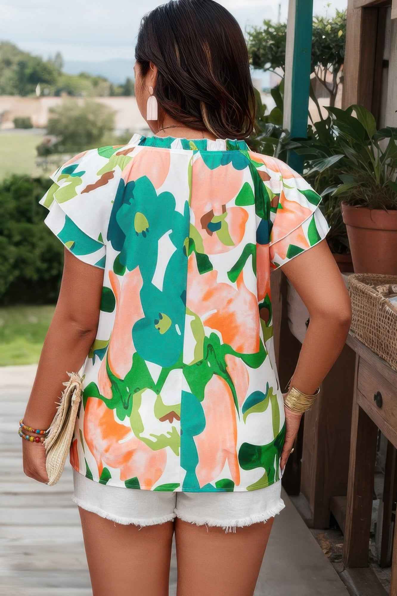 Plus Random Print Ruffled Sleeve Boho Blouse