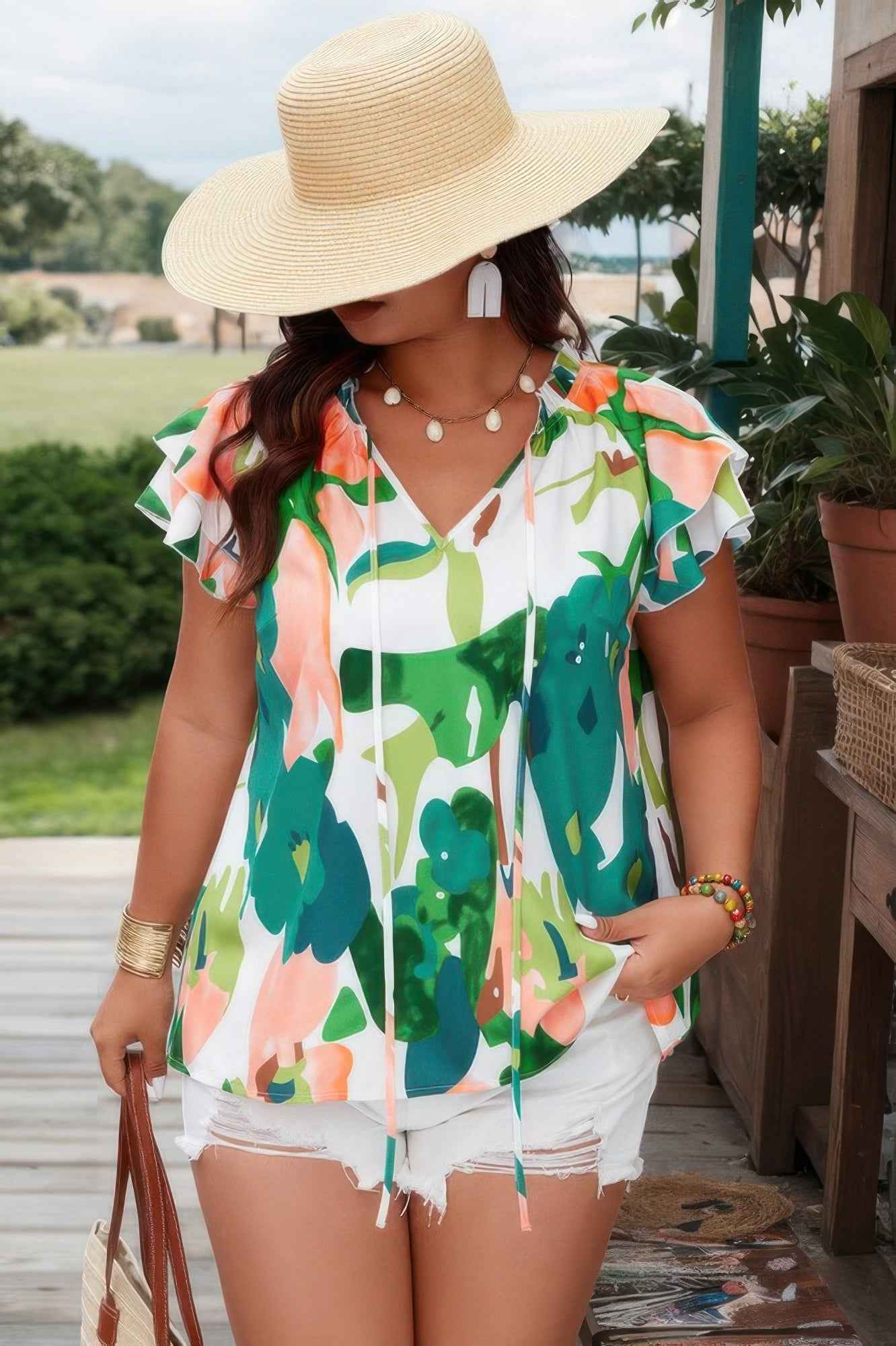 Plus Random Print Ruffled Sleeve Boho Blouse