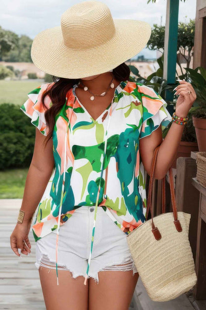 Plus Random Print Ruffled Sleeve Boho Blouse