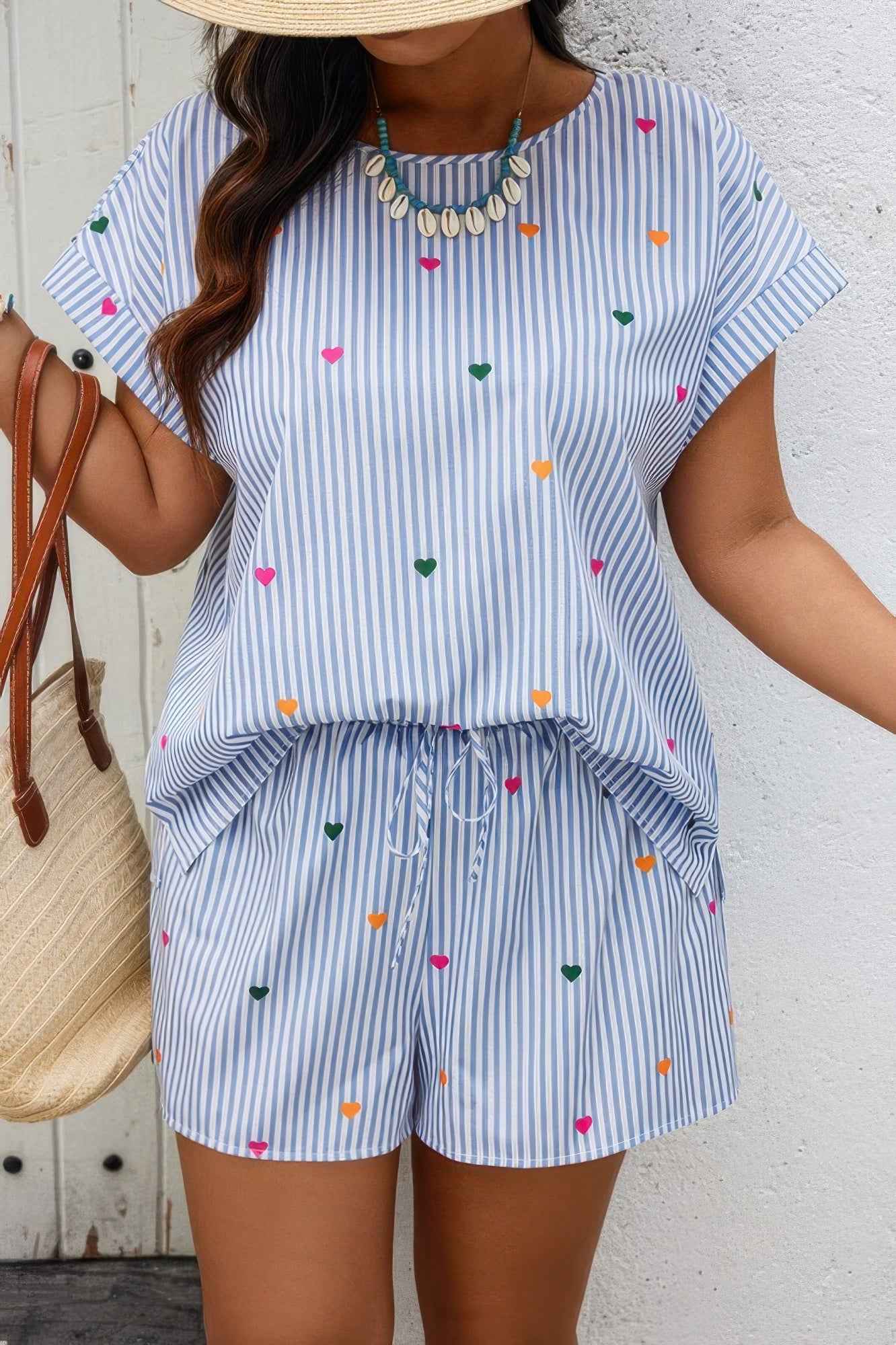 Heart Print Plus Size Two Pieces Strip Loose Sets