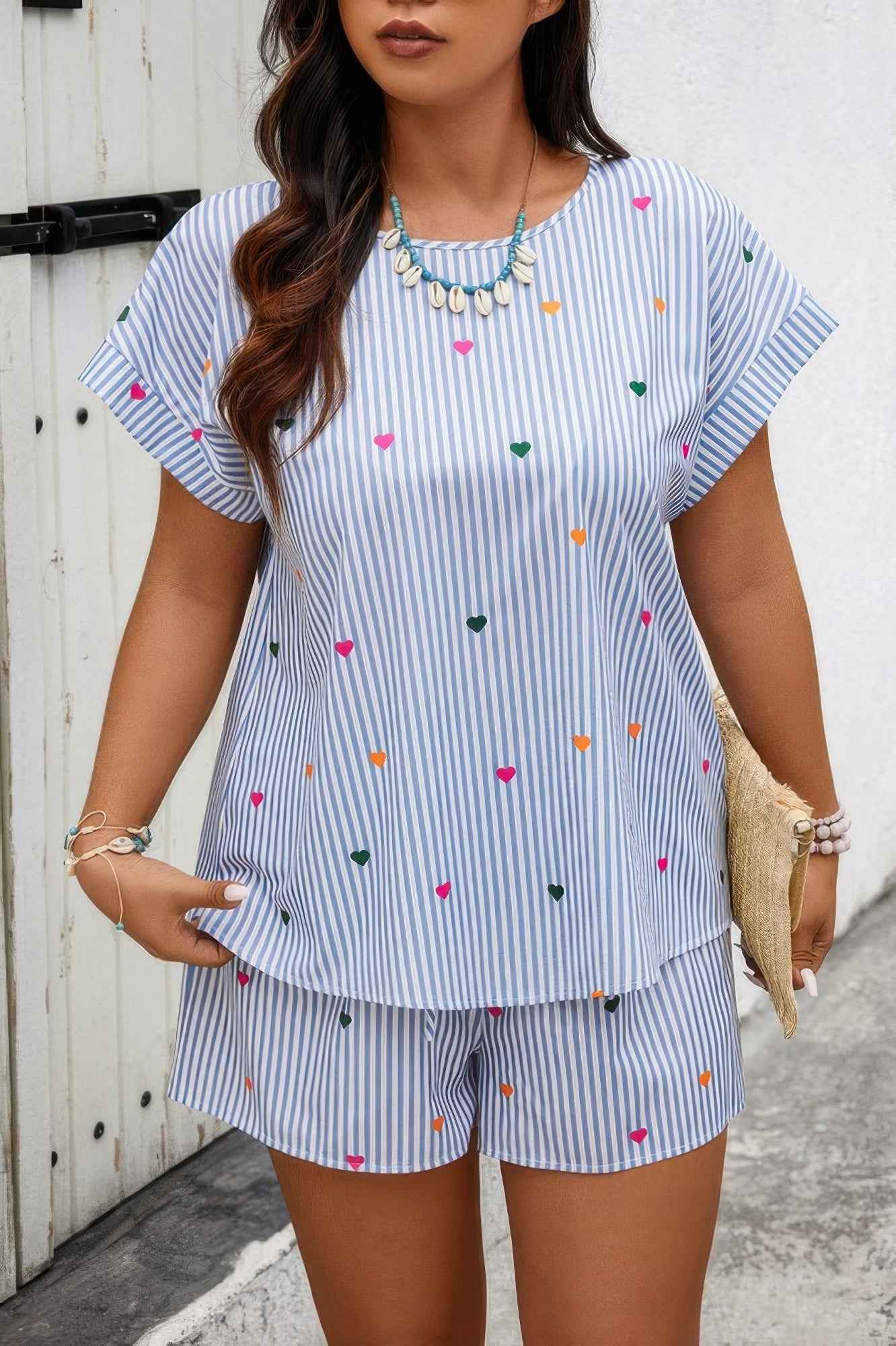 Heart Print Plus Size Two Pieces Strip Loose Sets