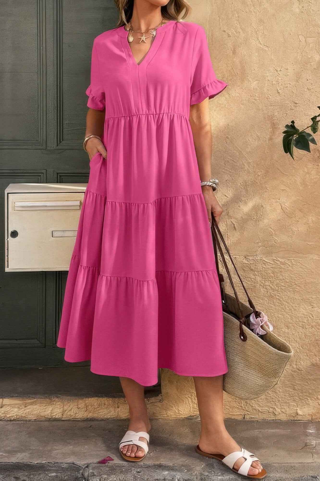 Solid V Neck A Line Ruffle Hem Pleated Dress