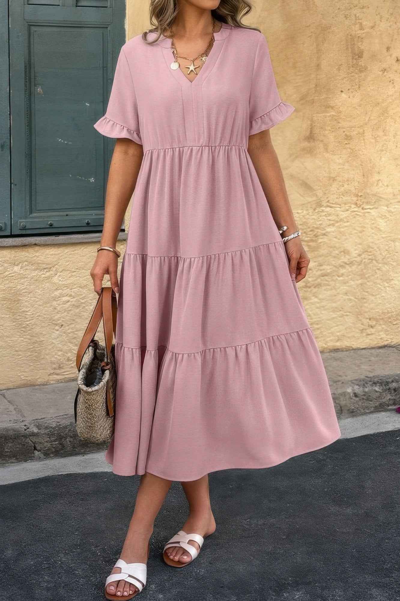 Solid V Neck A Line Ruffle Hem Pleated Dress