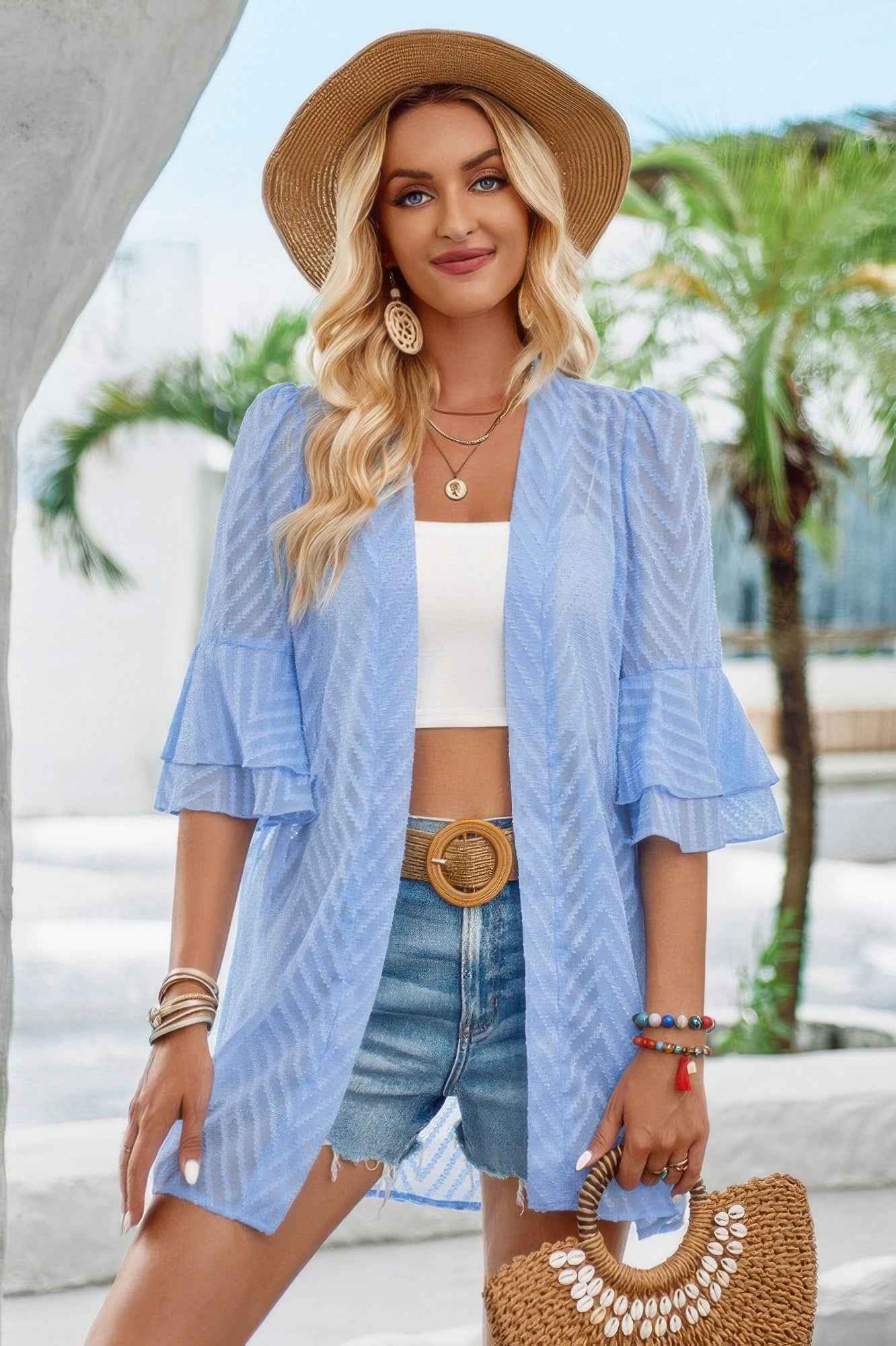 Double Layer Ruffle Bell Sleeves Cover Up Cardigan