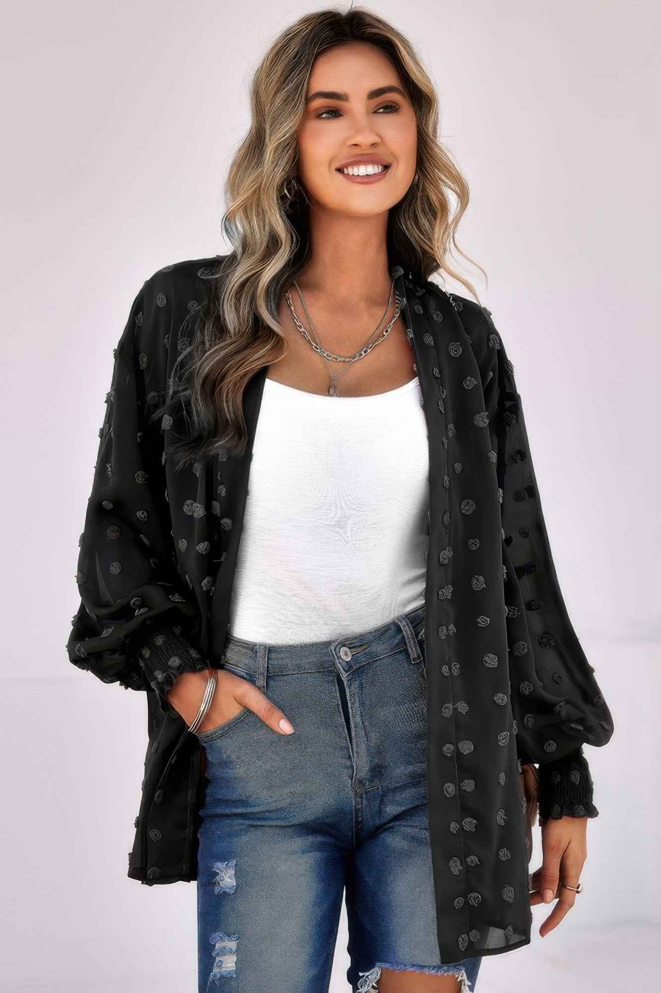 Polka Dot Kimono Loose Front Open Top