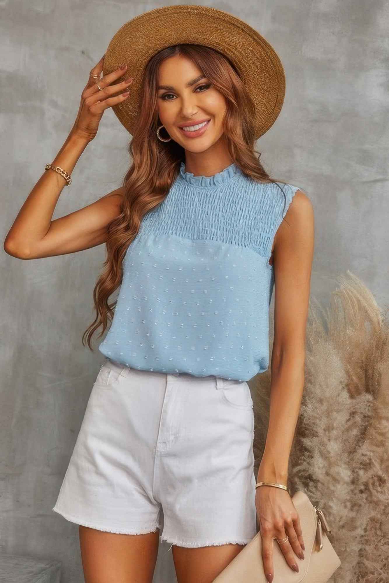 Sleeveless Swiss Dot Ruched Loose Fit Blouse