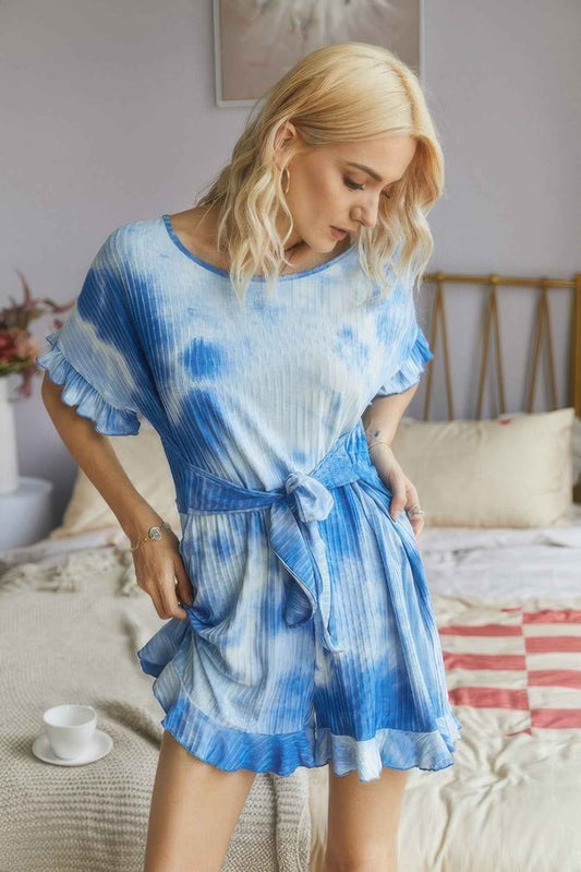 Tie Dye Ribbed Ruffle Tie Waist Pleated Romper