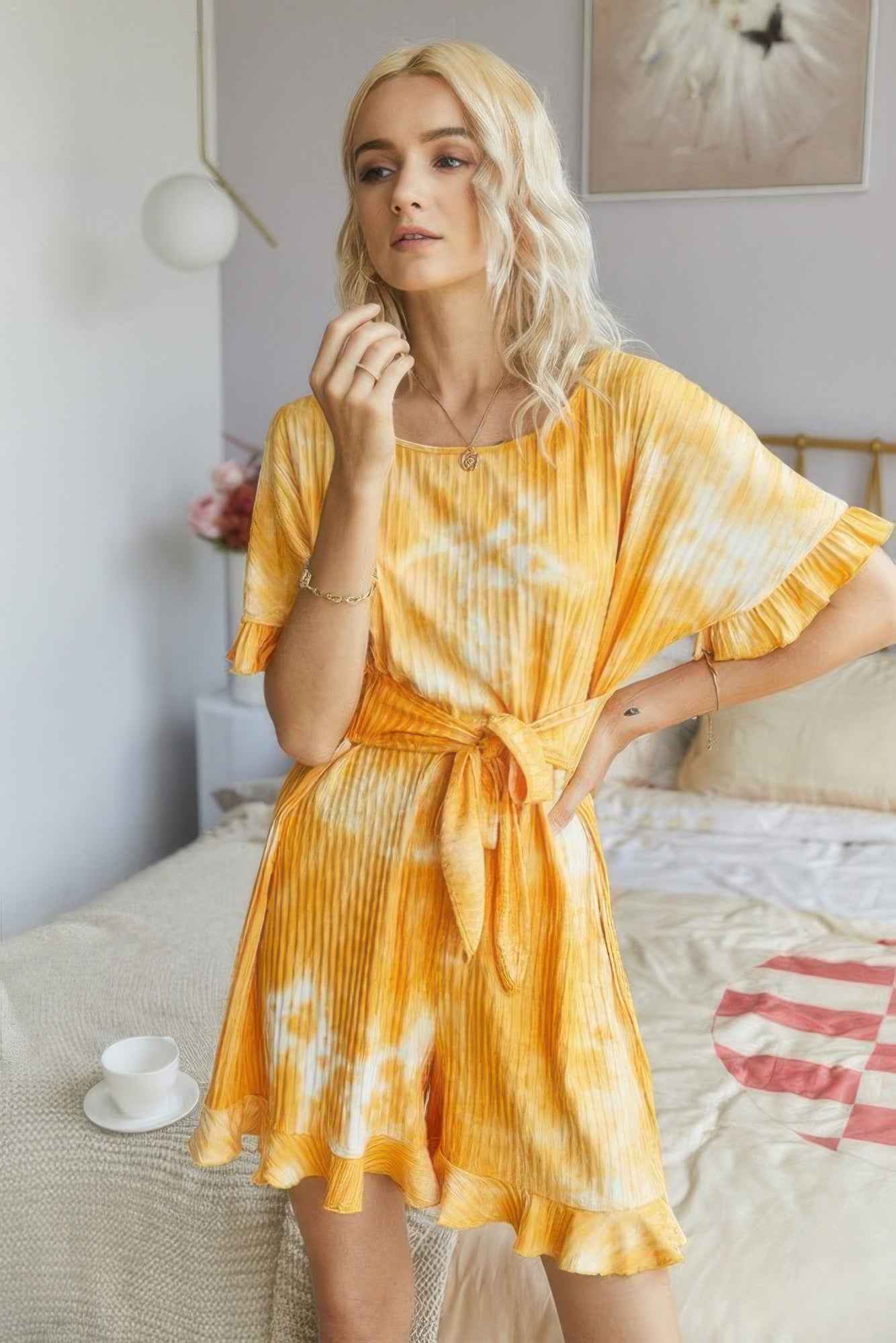 Tie Dye Ribbed Ruffle Tie Waist Pleated Romper