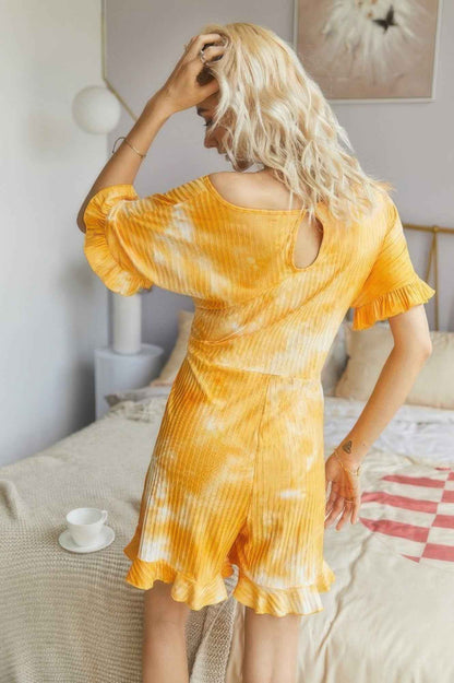 Tie Dye Ribbed Ruffle Tie Waist Pleated Romper