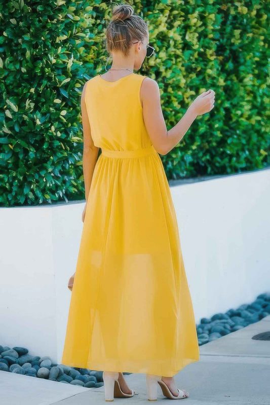 Solid Cross V Neck Sleeveless Tie Waist Split Dress