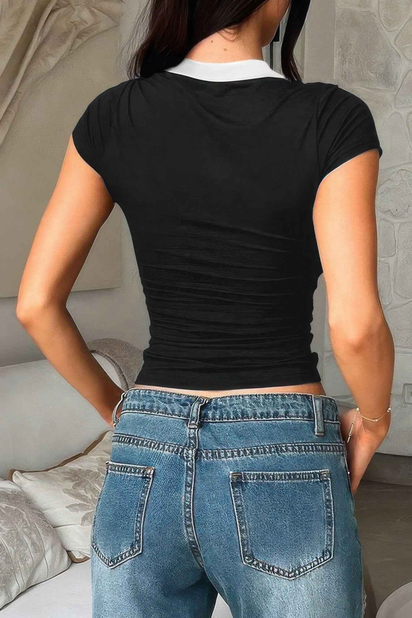 Color Block Polo Collar V Neck Slim Fit Shirt