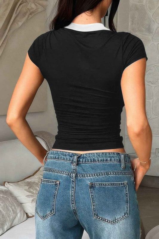 Color Block Polo Collar V Neck Slim Fit Shirt