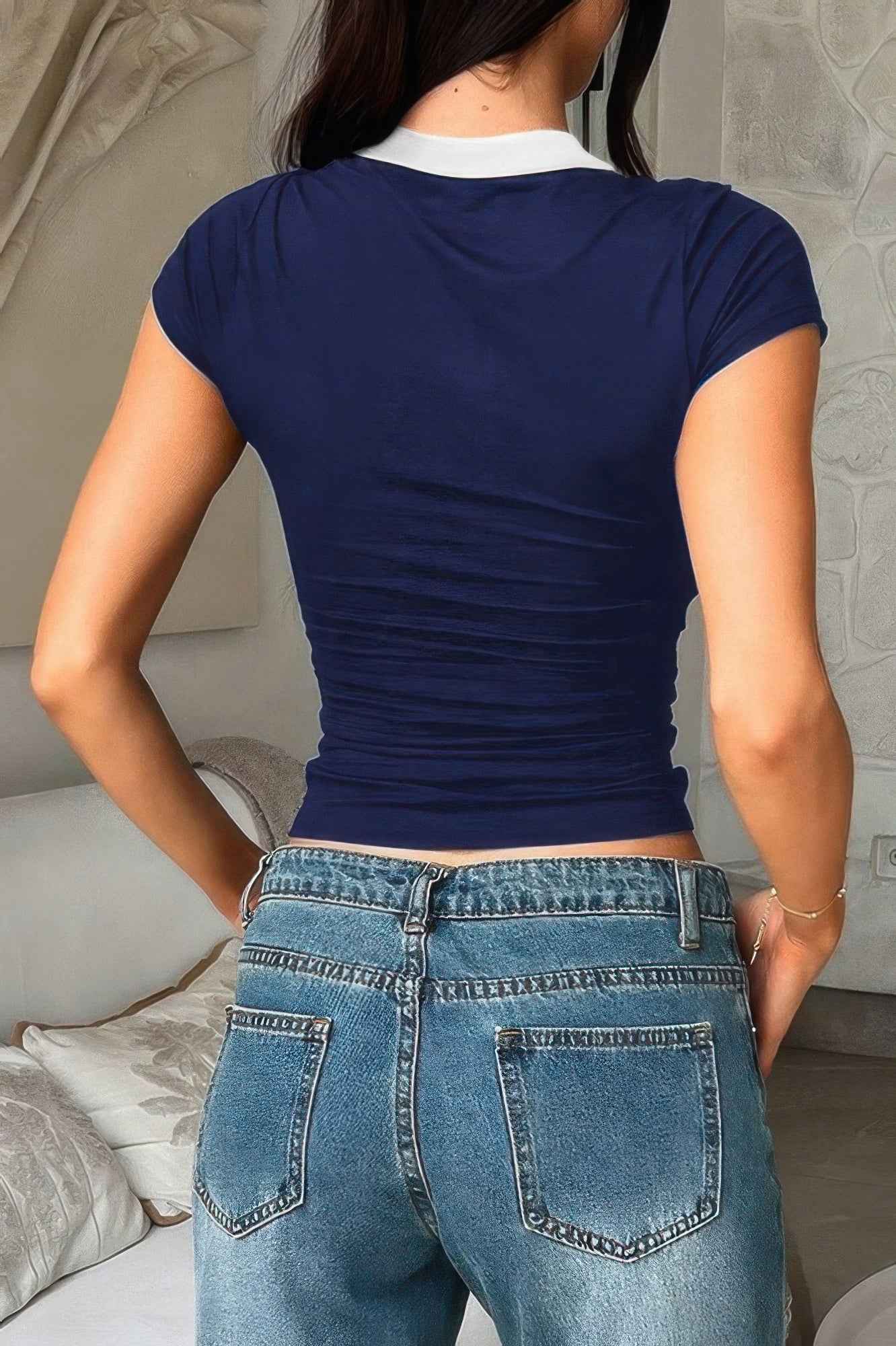 Color Block Polo Collar V Neck Slim Fit Shirt