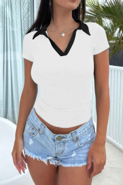 Color Block Polo Collar V Neck Slim Fit Shirt