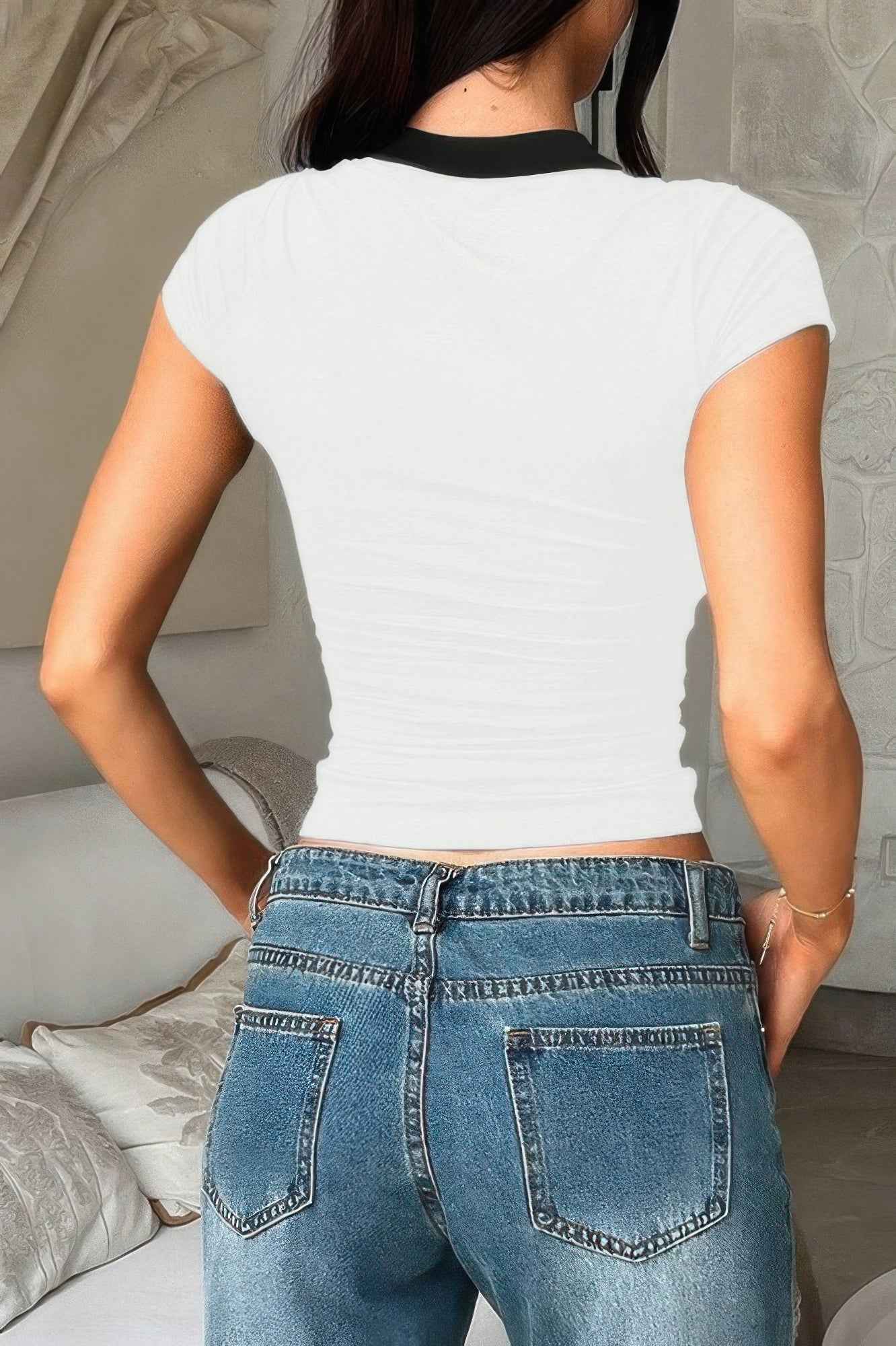 Color Block Polo Collar V Neck Slim Fit Shirt