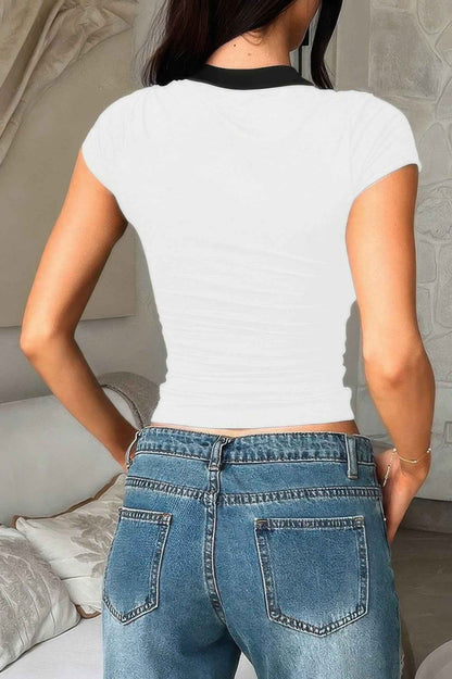 Color Block Polo Collar V Neck Slim Fit Shirt