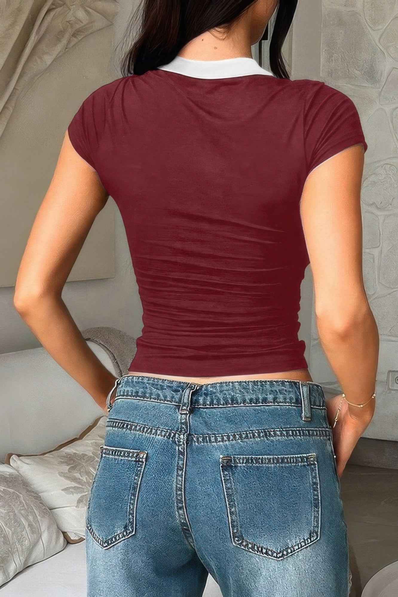 Color Block Polo Collar V Neck Slim Fit Shirt