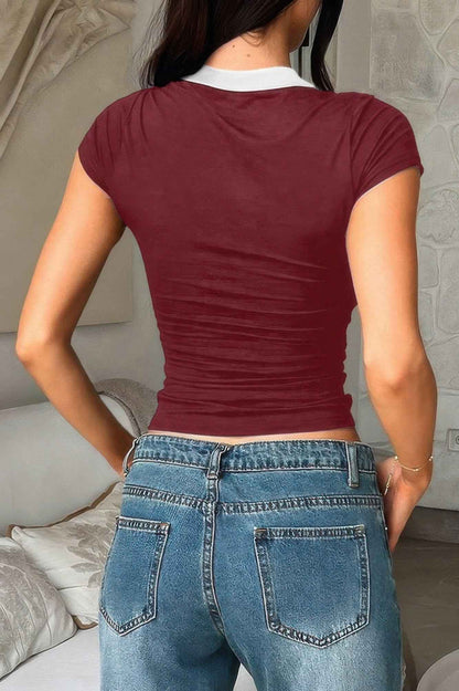 Color Block Polo Collar V Neck Slim Fit Shirt