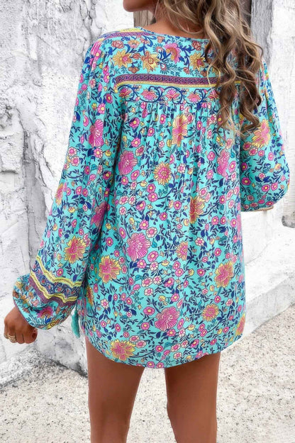 All Over Floral Print Cross Deep V Boho Top