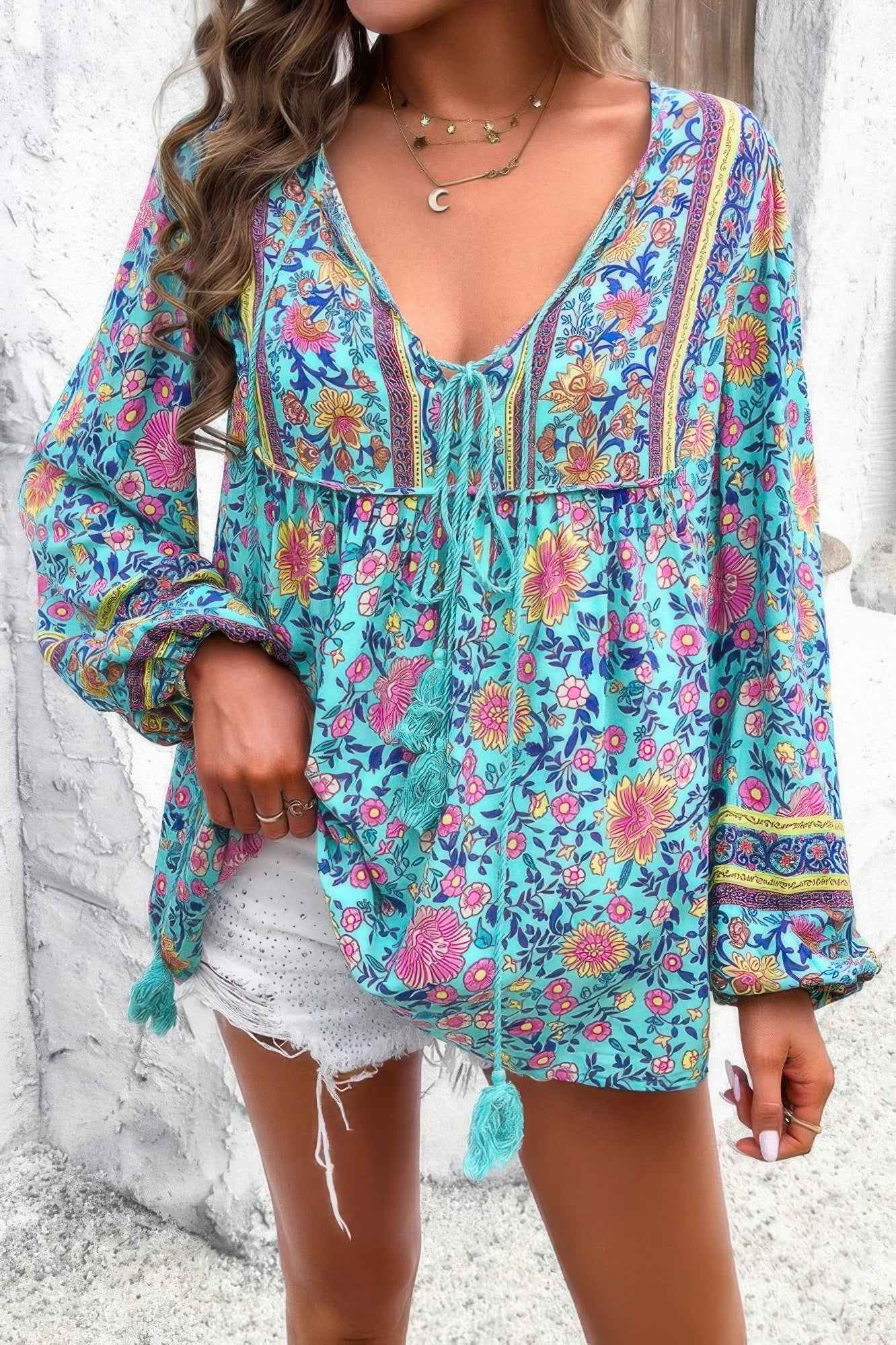 All Over Floral Print Cross Deep V Boho Top