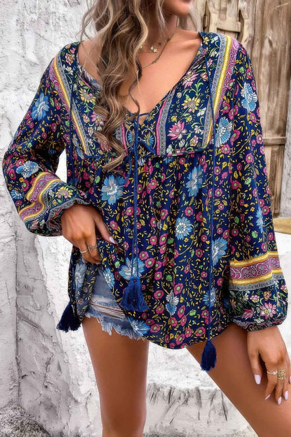 All Over Floral Print Cross Deep V Boho Top