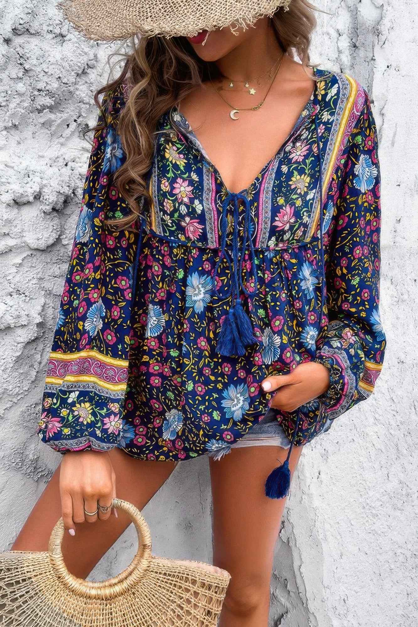 All Over Floral Print Cross Deep V Boho Top