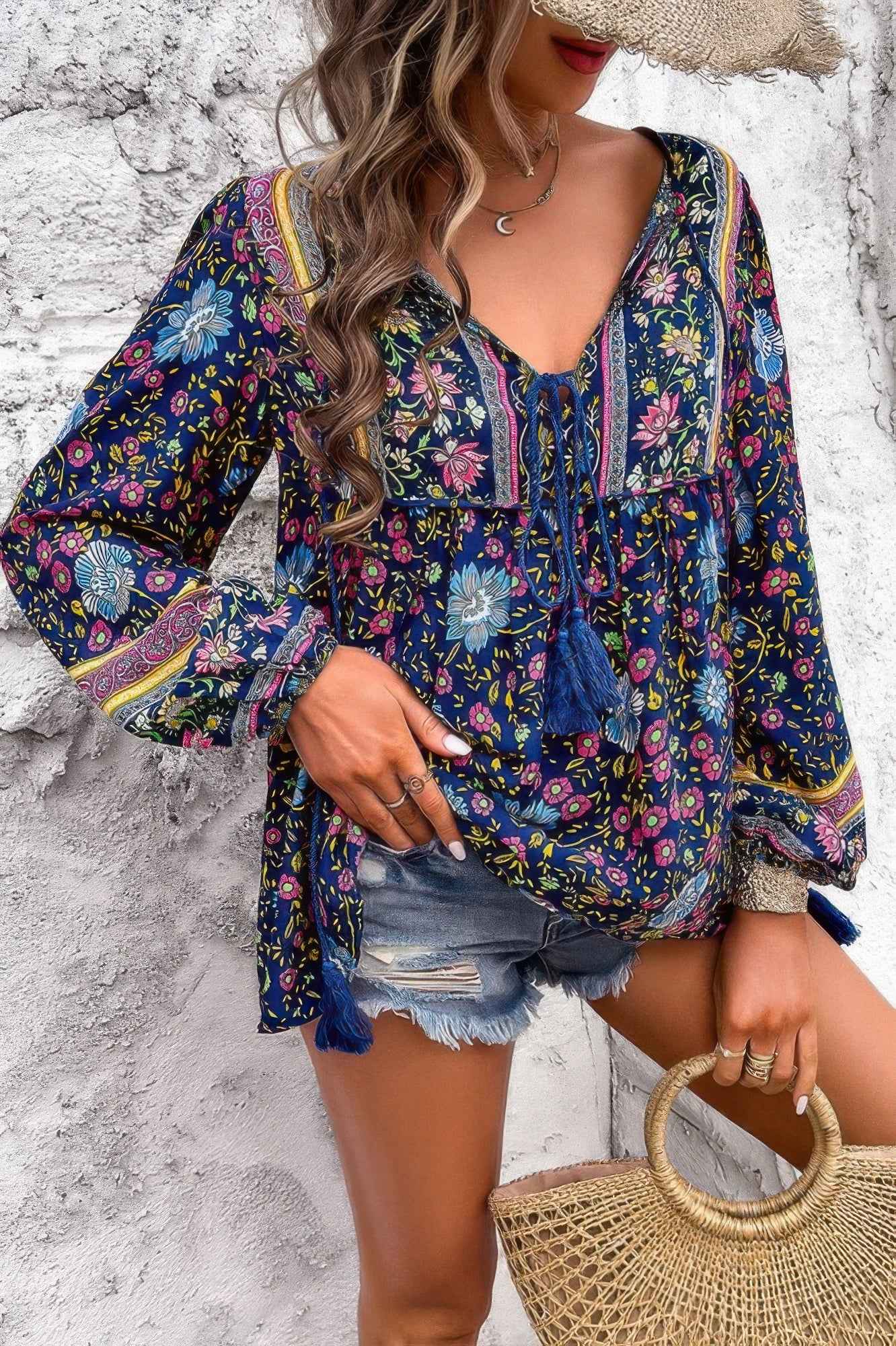 All Over Floral Print Cross Deep V Boho Top