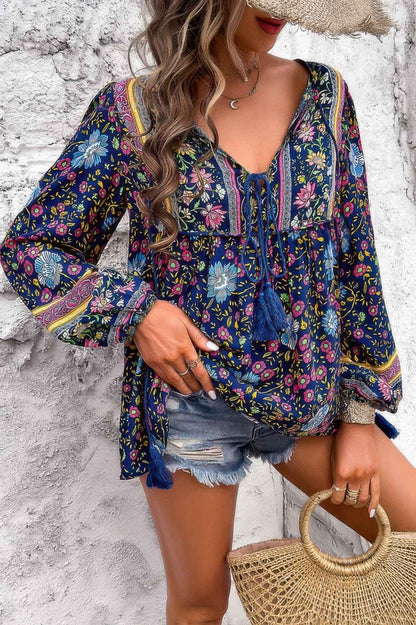 All Over Floral Print Cross Deep V Boho Top
