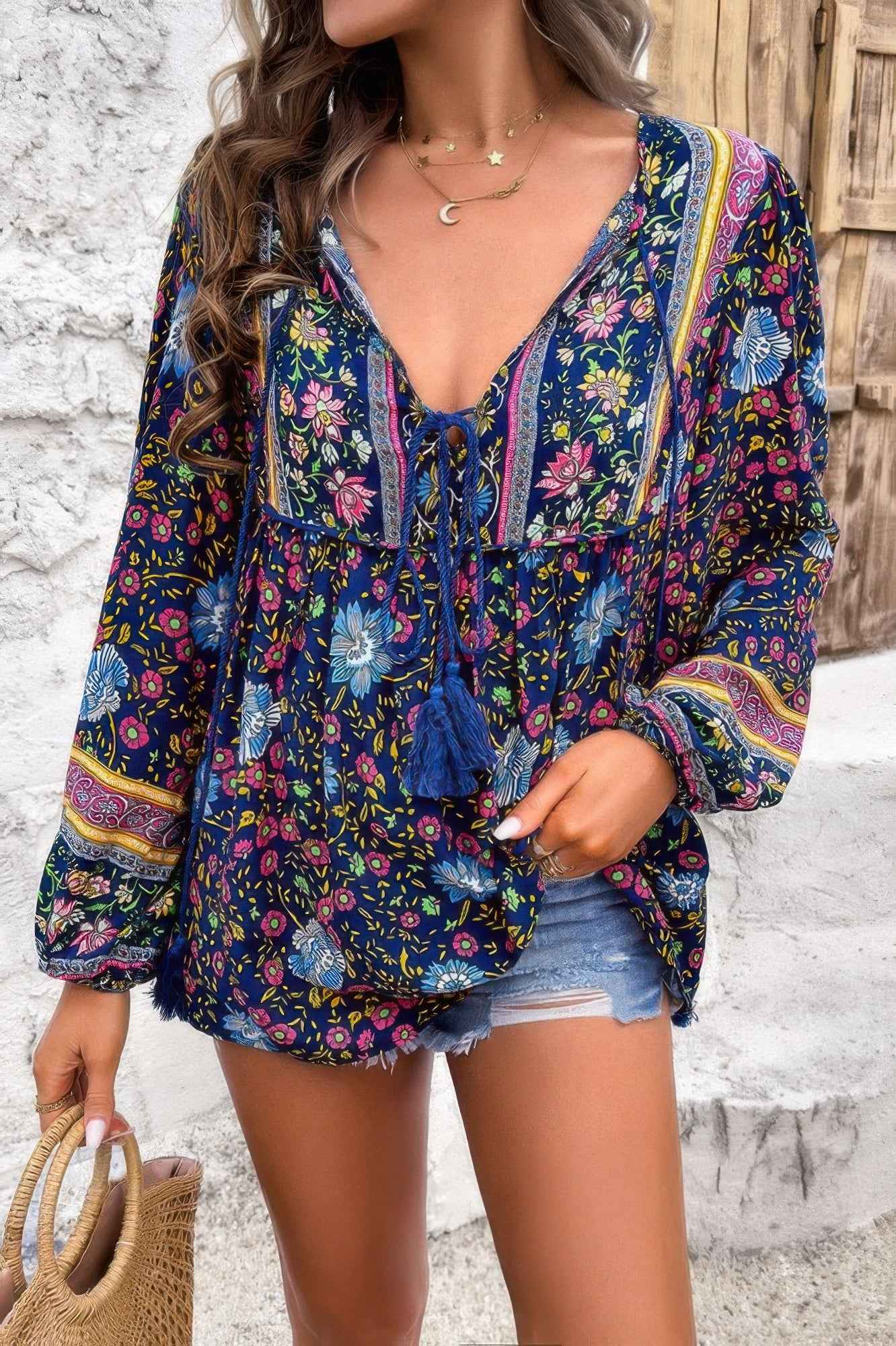 All Over Floral Print Cross Deep V Boho Top