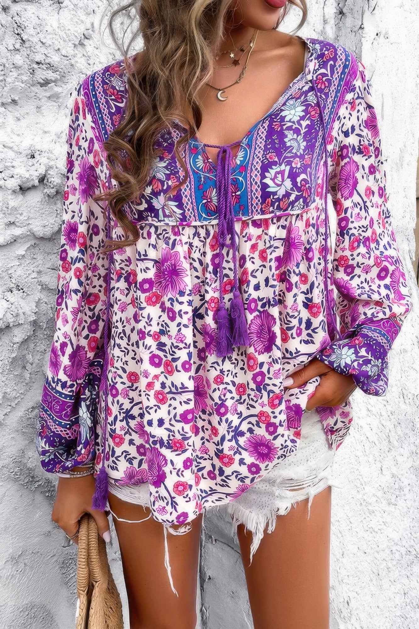 All Over Floral Print Cross Deep V Boho Top