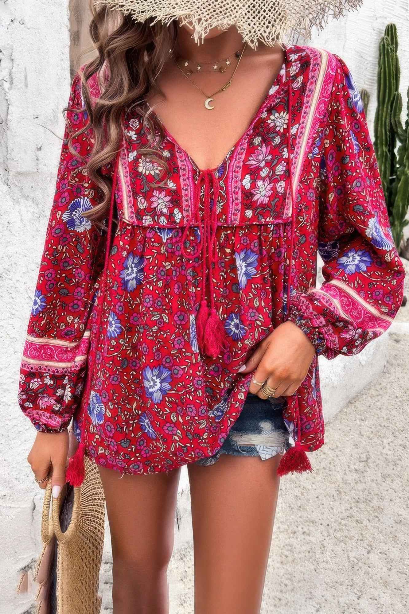 All Over Floral Print Cross Deep V Boho Top
