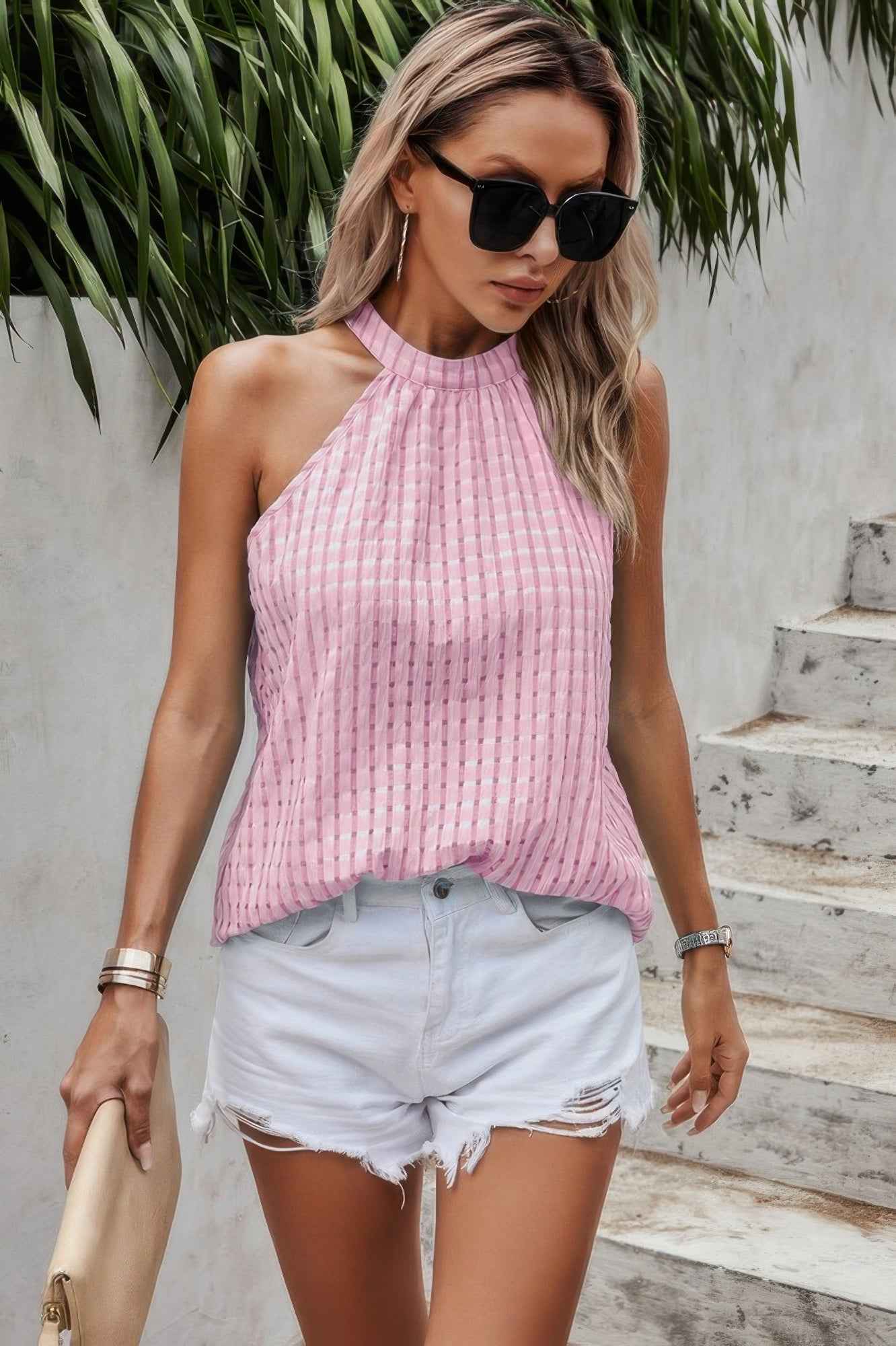 Tartan Halter Sleeveless Cut Out Back Loose Shirt