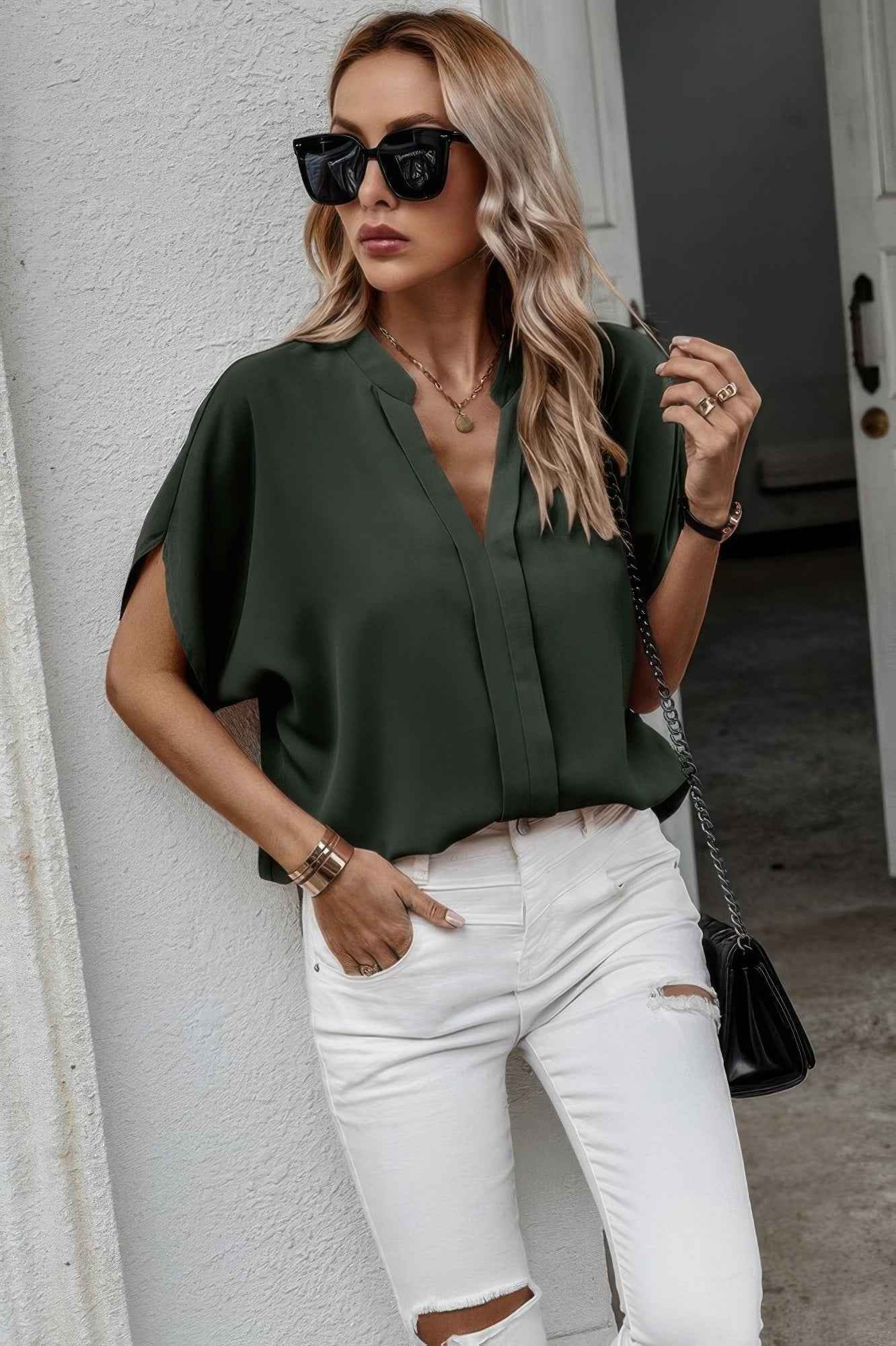 Notched Neck Solid Loose Fit Half Sleeve Blouse