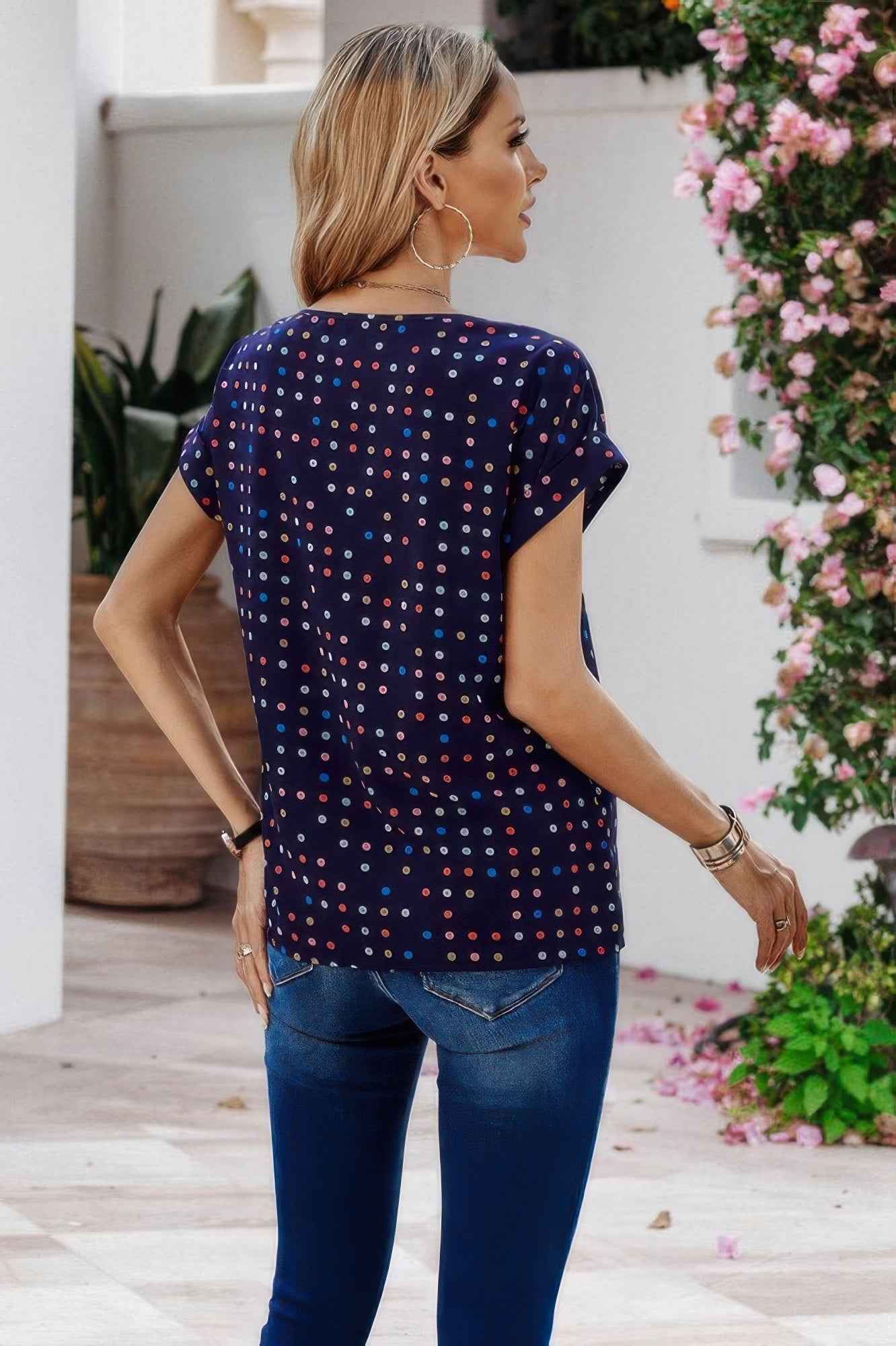 Scoop Neck Polka Dot Batwing Sleeve Blouse
