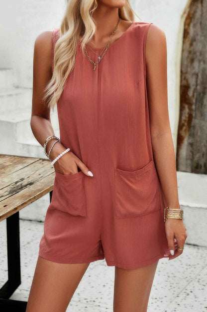 Solid Crewneck Sleeveless Loose Pockets Romper