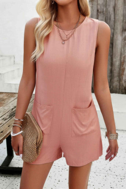 Solid Crewneck Sleeveless Loose Pockets Romper